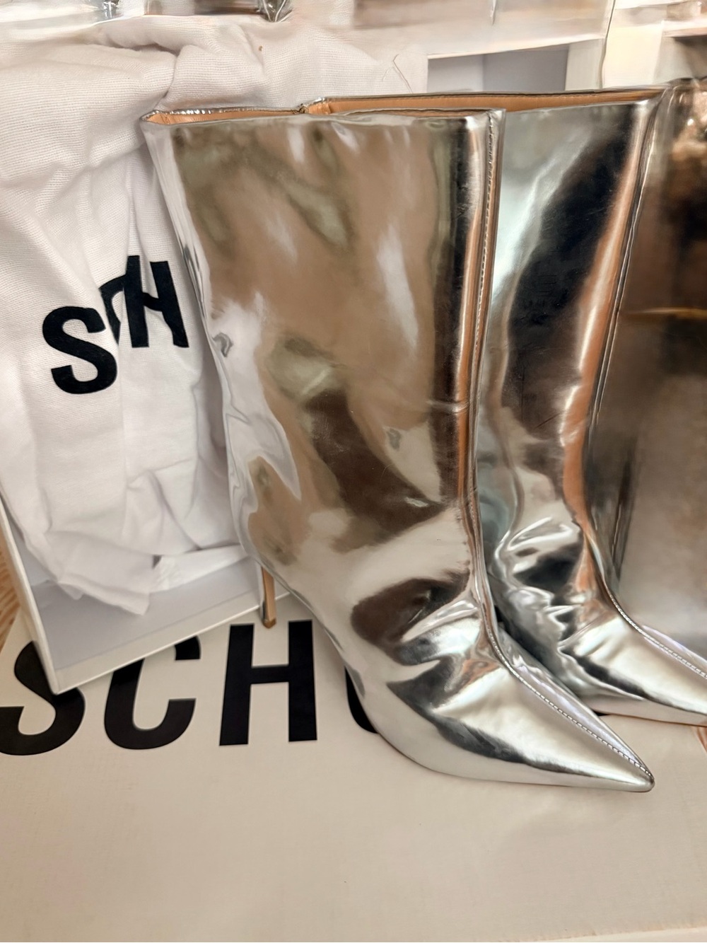 SCHUTZ Metallic Silver Pointed-Toe Mid-Calf Boots
